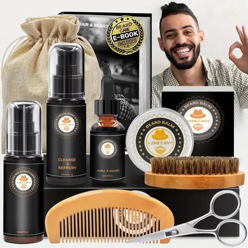 Grooming Kit w/Beard Conditioner, Oil, Balm, Brush, Wash, Comb, Scissor, Bag, E-Book-Grooming Kit w/Beard Conditioner, Oil, Balm, Brush, Wash, Comb, Scissor, Bag, E-Book