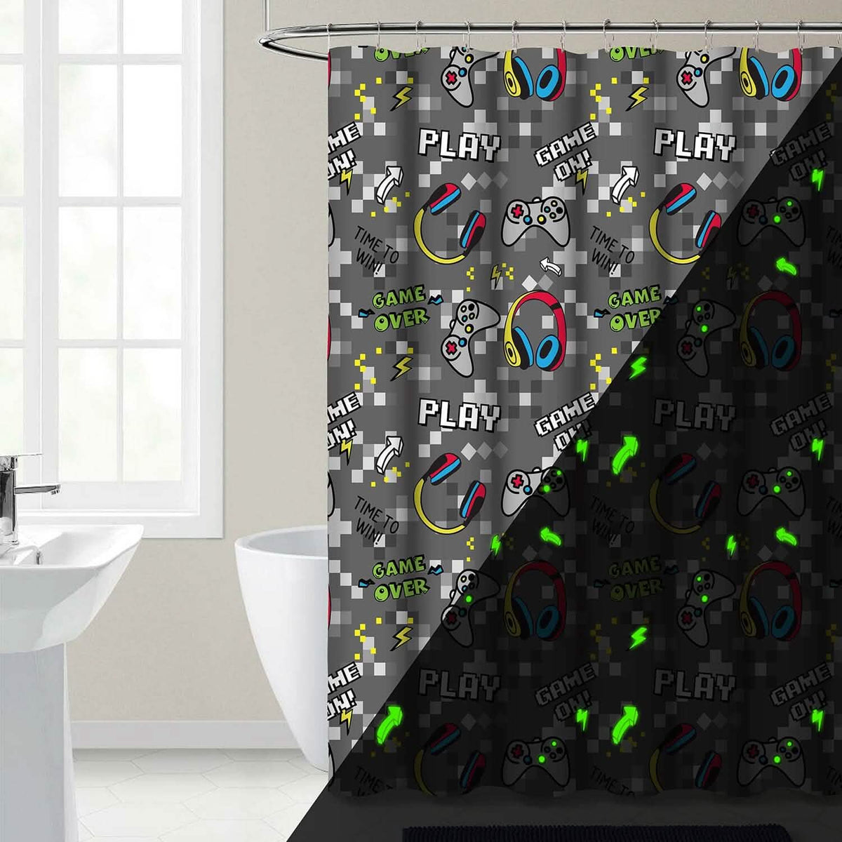 Kidz Mix Game on Glow-in-the-Dark Shower Curtain-Kidz Mix Game on Glow-in-the-Dark Shower Curtain