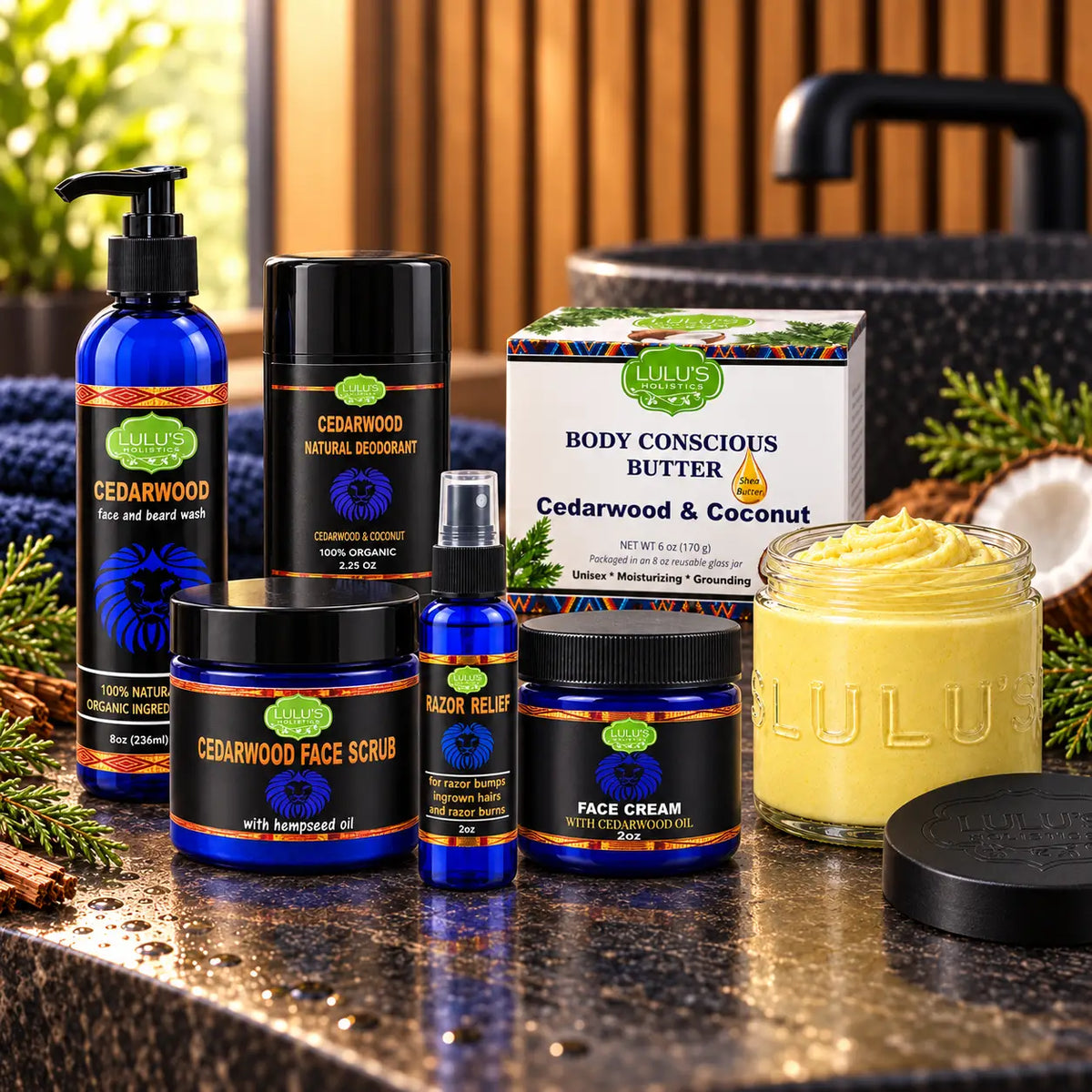 Lulu's Holistics Men's Ultimate Cedarwood Face, Body & Grooming 6-Piece Complete System Routine Box-Lulu's Holistics Men's Ultimate Cedarwood Face, Body & Grooming 6-Piece Complete System Routine Box