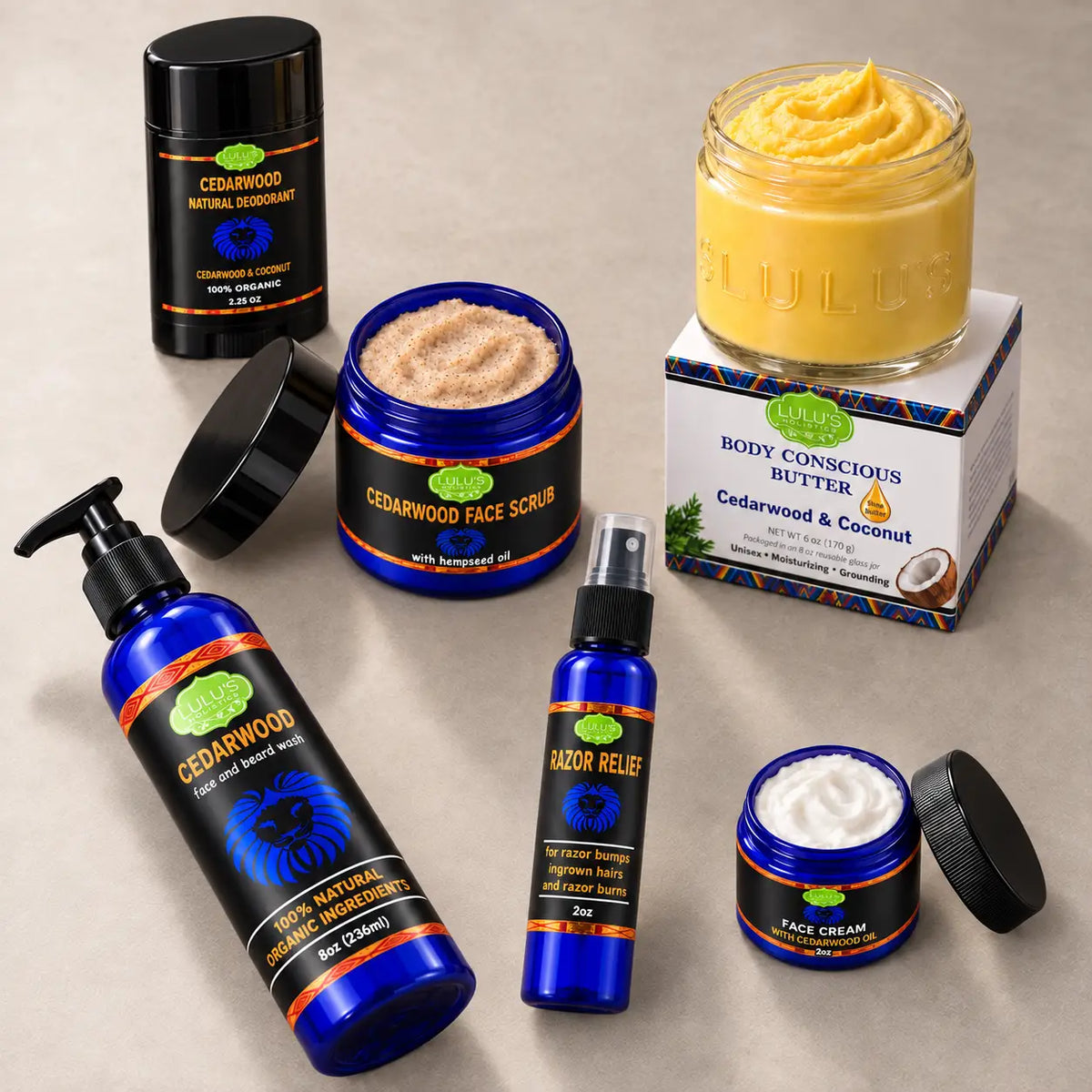 Lulu's Holistics Men's Ultimate Cedarwood Face, Body & Grooming 6-Piece Complete System Routine Box-Lulu's Holistics Men's Ultimate Cedarwood Face, Body & Grooming 6-Piece Complete System Routine Box