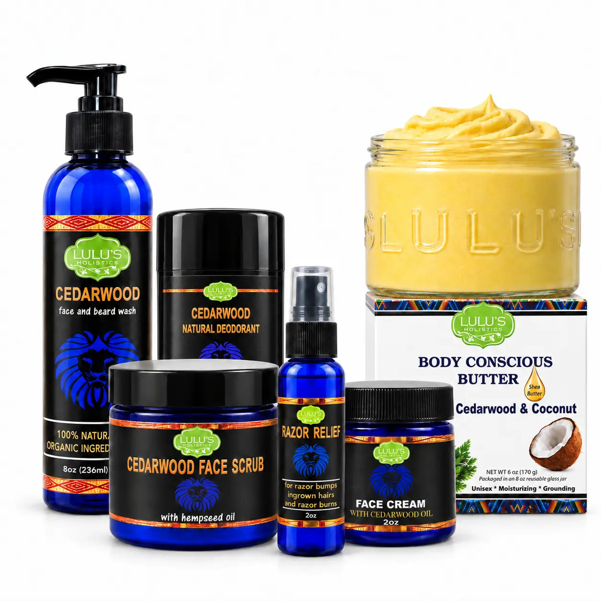 Lulu's Holistics Men's Ultimate Cedarwood Face, Body & Grooming 6-Piece Complete System Routine Box-Lulu's Holistics Men's Ultimate Cedarwood Face, Body & Grooming 6-Piece Complete System Routine Box