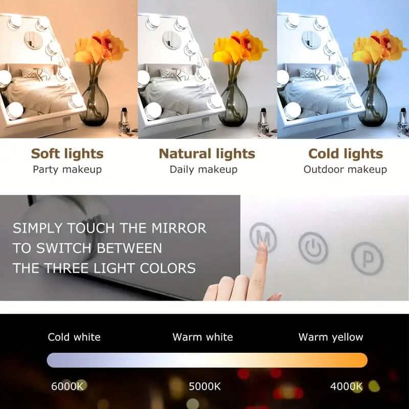 Makeup Mirror with 9 Bulbs, Adjustable Brightness and Smart Touch Control-Makeup Mirror with 9 Bulbs, Adjustable Brightness and Smart Touch Control