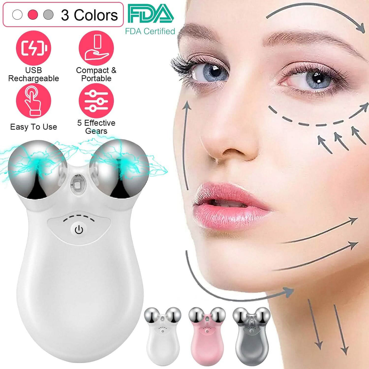 Micro-Current Face Massager Rechargeable Roller with 5 Gears-Micro-Current Face Massager Rechargeable Roller with 5 Gears