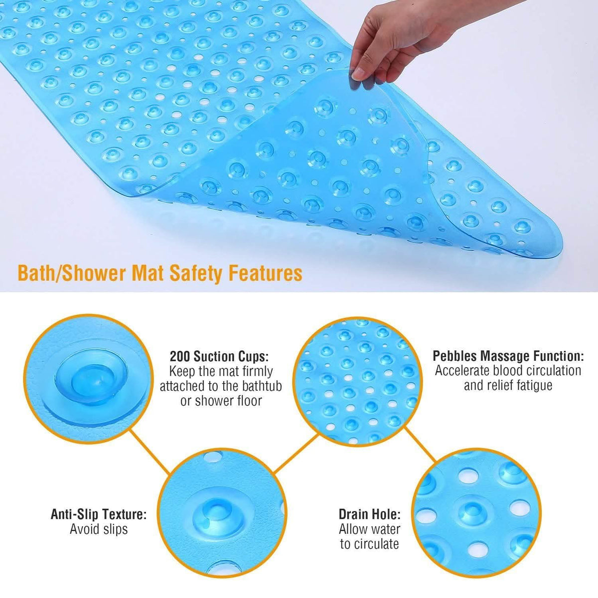 Non Slip Shower Mat Massage Anti-Bacterial with Suction Cups-Non Slip Shower Mat Massage Anti-Bacterial with Suction Cups