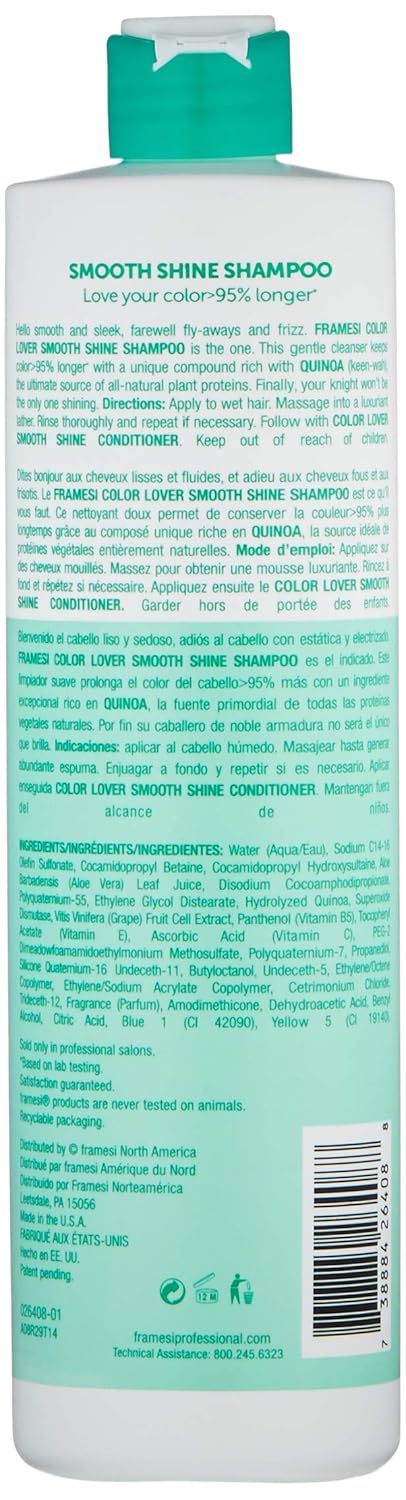 Framesi Color Lover Smooth Shine Shampoo, Sulfate Free Shampoo with Quinoa and Aloe Vera, Color Treated Hair-Framesi Color Lover Smooth Shine Shampoo, Sulfate Free Shampoo with Quinoa and Aloe Vera, Color Treated Hair
