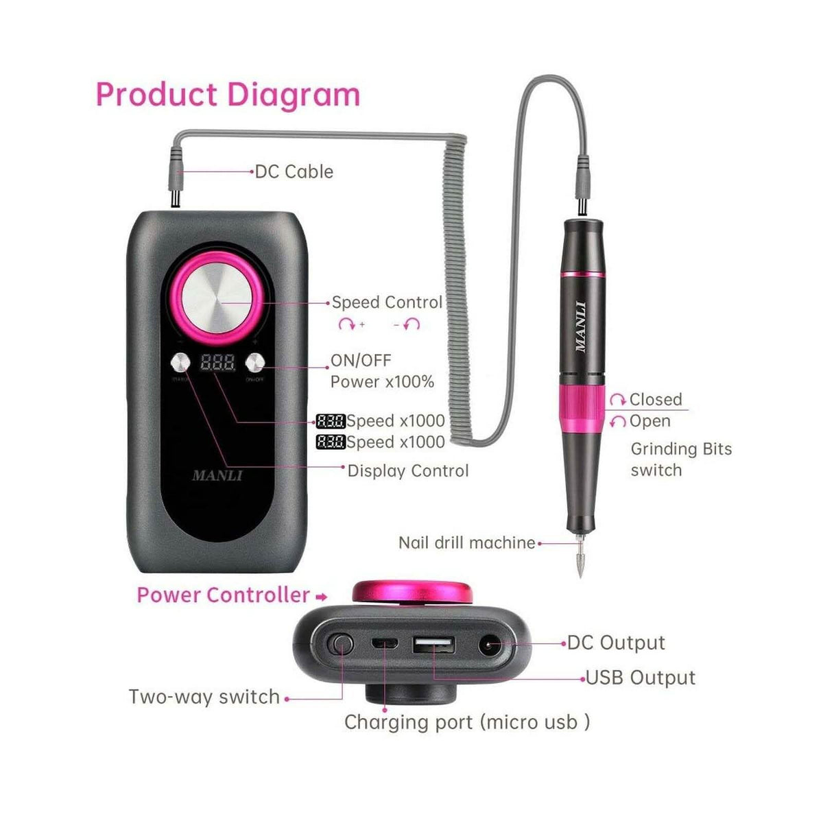 Rechargeable Nail Drill Kit with 2000mAh Phone Power Bank-Rechargeable Nail Drill Kit with 2000mAh Phone Power Bank