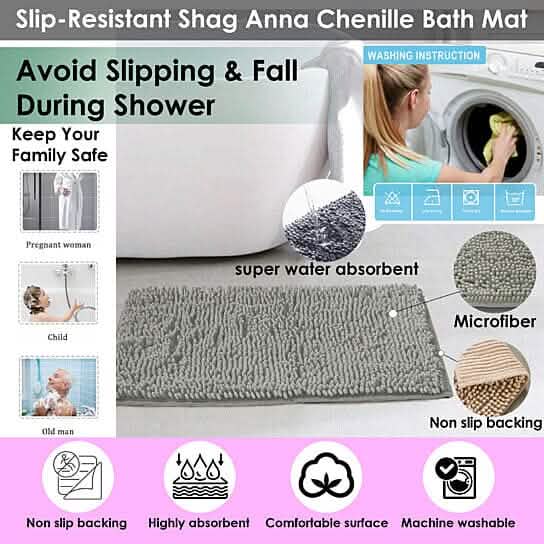 Slip-Resistant Shag Anna Chenille Soft Absorbent Bath Mat Bathroom Rug 17" x 24"-Slip-Resistant Shag Anna Chenille Soft Absorbent Bath Mat Bathroom Rug 17" x 24"