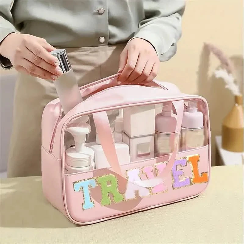 Transparent Letter Pattern Makeup Bag with Handle-Transparent Letter Pattern Makeup Bag with Handle