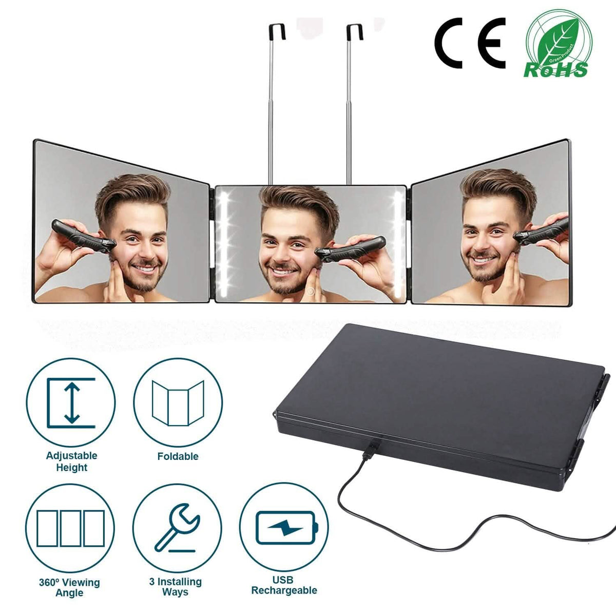 Tri-Fold Mirror with Telescopic Hanger-Tri-Fold Mirror with Telescopic Hanger