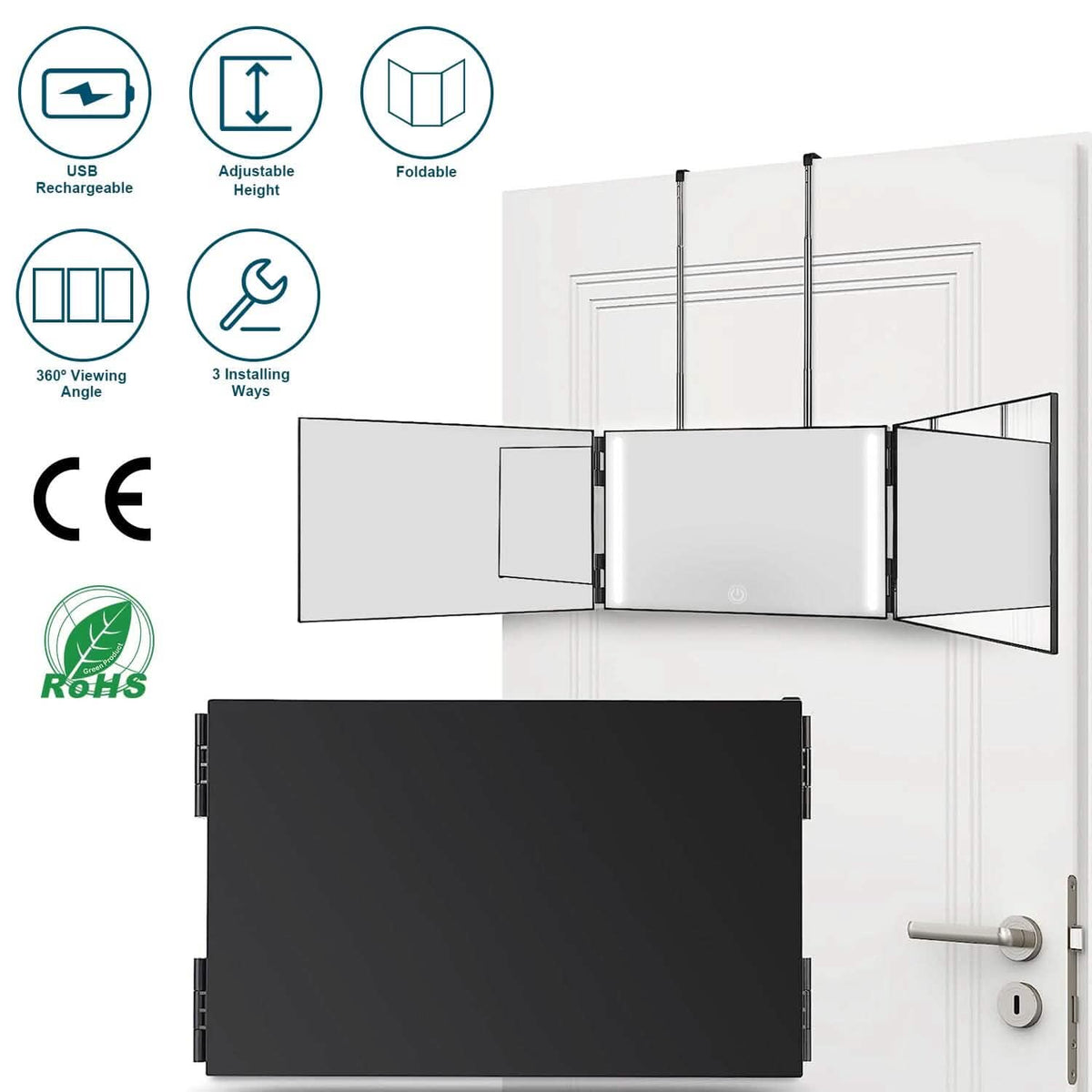 Tri-Fold Mirror with Telescopic Hanger-Tri-Fold Mirror with Telescopic Hanger