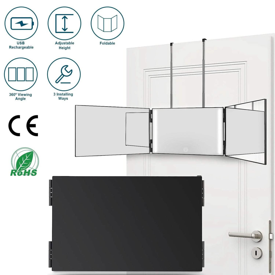 Tri-Fold Mirror with Telescopic Hanger-Tri-Fold Mirror with Telescopic Hanger