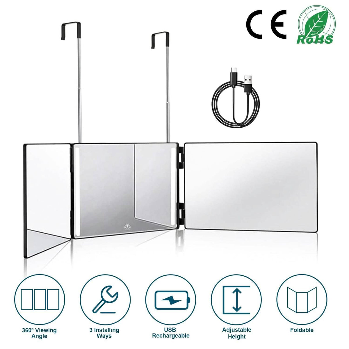 Tri-Fold Mirror with Telescopic Hanger-Tri-Fold Mirror with Telescopic Hanger