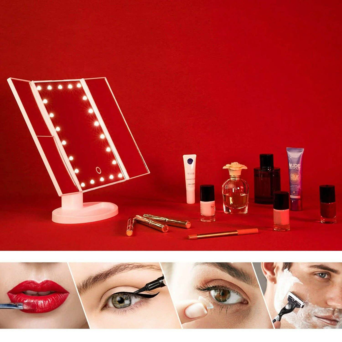 Tri-fold Vanity Makeup LED USB Touch Screen 10X Magnifing Mirror-Tri-fold Vanity Makeup LED USB Touch Screen 10X Magnifing Mirror