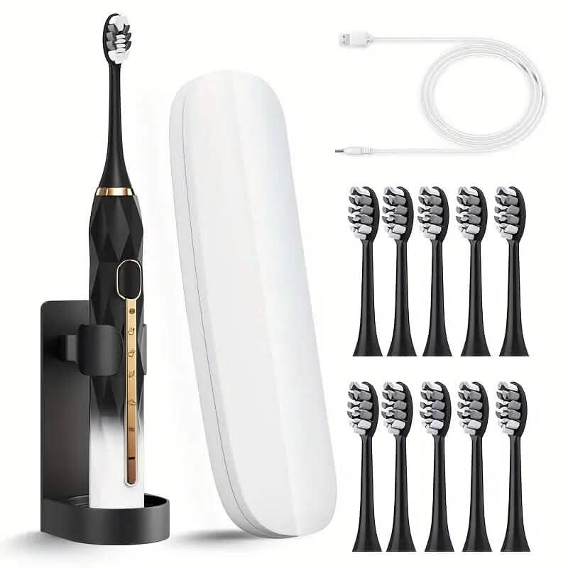 Waterproof USB Rechargeable Electric Toothbrush with 10 Replaceable Toothbrush Heads, Charger and Case-Waterproof USB Rechargeable Electric Toothbrush with 10 Replaceable Toothbrush Heads, Charger and Case