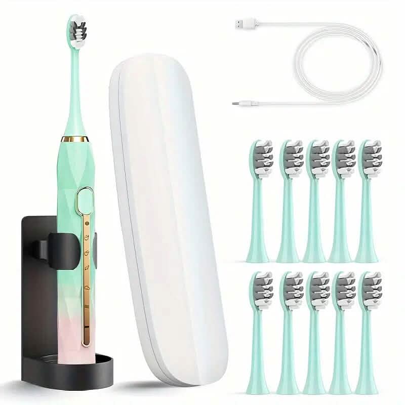 Waterproof USB Rechargeable Electric Toothbrush with 10 Replaceable Toothbrush Heads, Charger and Case-Waterproof USB Rechargeable Electric Toothbrush with 10 Replaceable Toothbrush Heads, Charger and Case