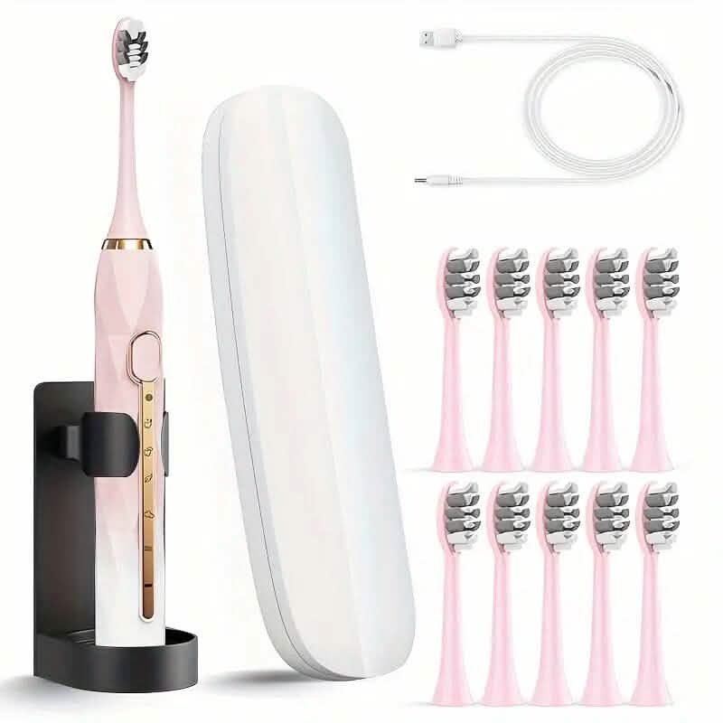 Waterproof USB Rechargeable Electric Toothbrush with 10 Replaceable Toothbrush Heads, Charger and Case-Waterproof USB Rechargeable Electric Toothbrush with 10 Replaceable Toothbrush Heads, Charger and Case