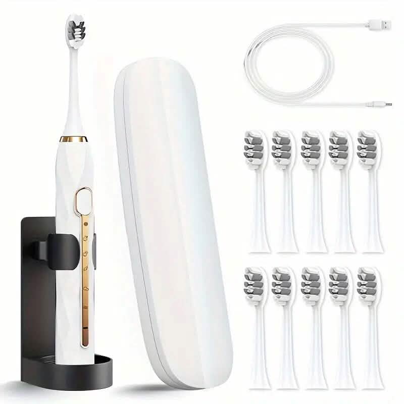 Waterproof USB Rechargeable Electric Toothbrush with 10 Replaceable Toothbrush Heads, Charger and Case-Waterproof USB Rechargeable Electric Toothbrush with 10 Replaceable Toothbrush Heads, Charger and Case