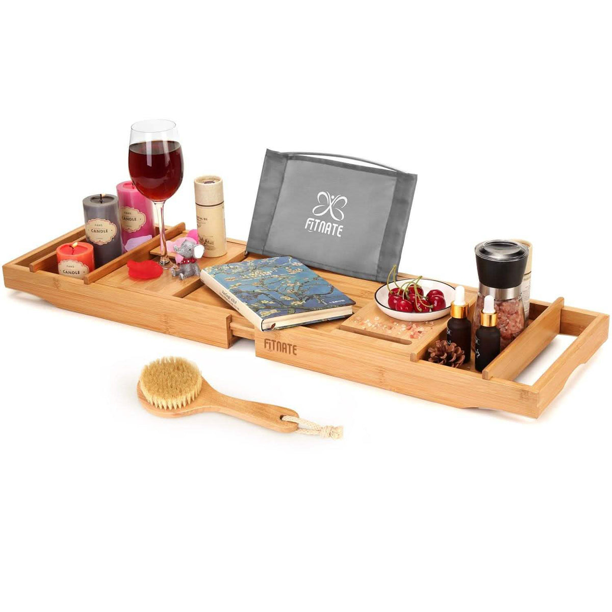 Wooden Bathtub Tray with Wine Glass Slot Phone Tray Book Holder-Wooden Bathtub Tray with Wine Glass Slot Phone Tray Book Holder