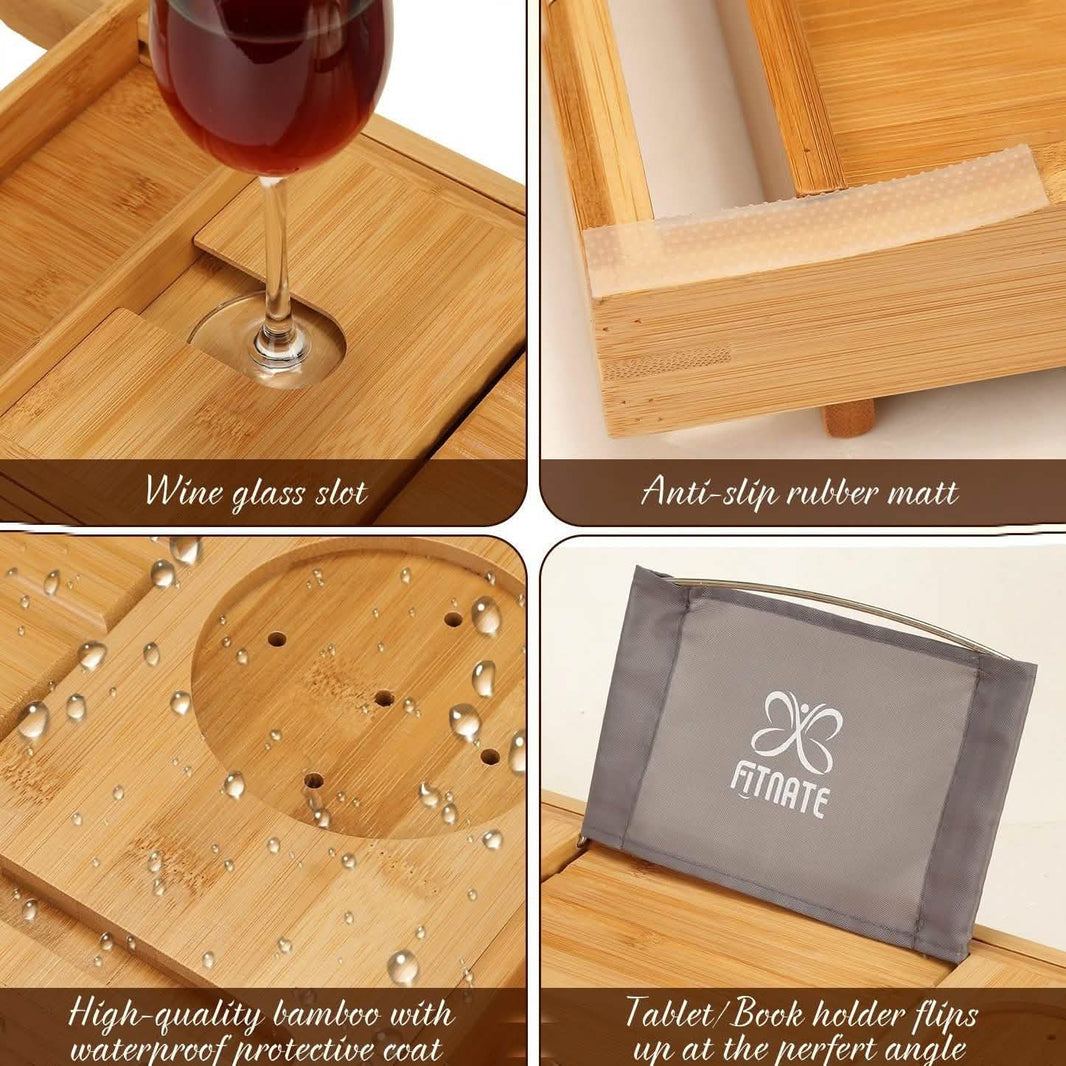 Wooden Bathtub Tray with Wine Glass Slot Phone Tray Book Holder-Wooden Bathtub Tray with Wine Glass Slot Phone Tray Book Holder